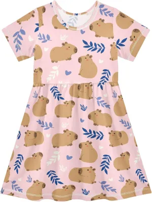 Cute Capybara Simple Flower Pattern Summer Girls Short Sleeve Dress Casual Dresses Beach Sundress for 2-8 Years