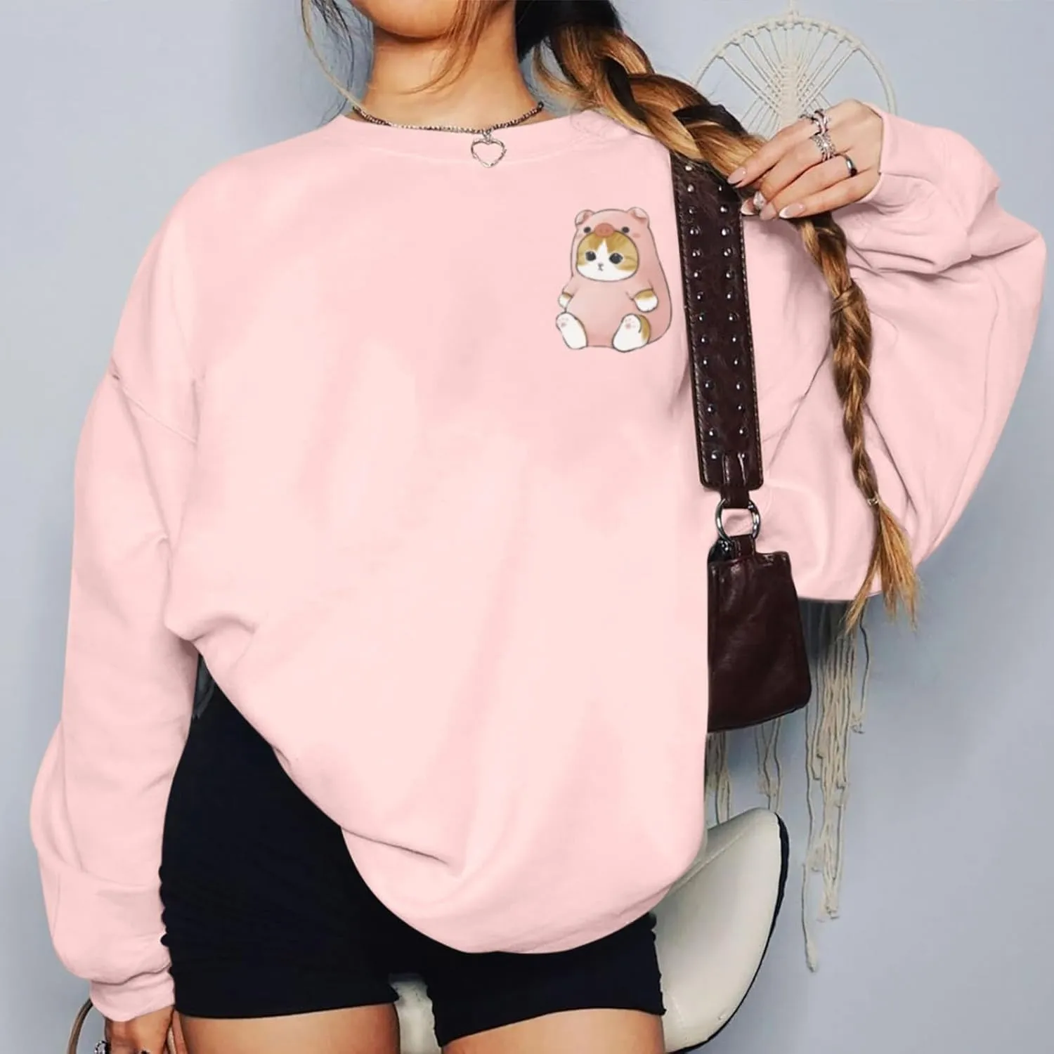 Cute Kawaii Cat Graphic Sweatshirts For Teen Girls Funny Preppy Crewneck Pullover For Women Printed Long Sleeve Tops