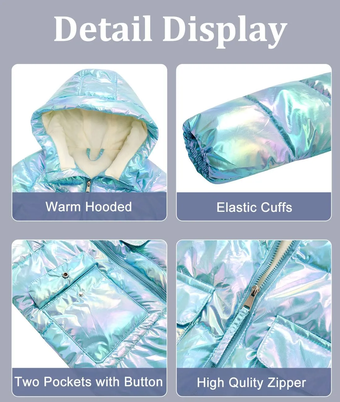 Cutemile 7-12 Years Girls Winter Long Fleece Coat Parka Metallic Puffer Jacket Outwear with Hooded