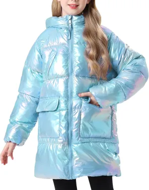 Cutemile 7-12 Years Girls Winter Long Fleece Coat Parka Metallic Puffer Jacket Outwear with Hooded