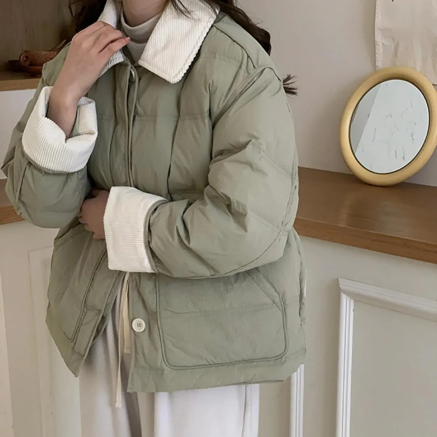 Dawery Patchwork Cropped Jacket Autumn Winter Women Cotton-padded Jacket Lightweight Coat Pocket Long Sleeve Warm Coats