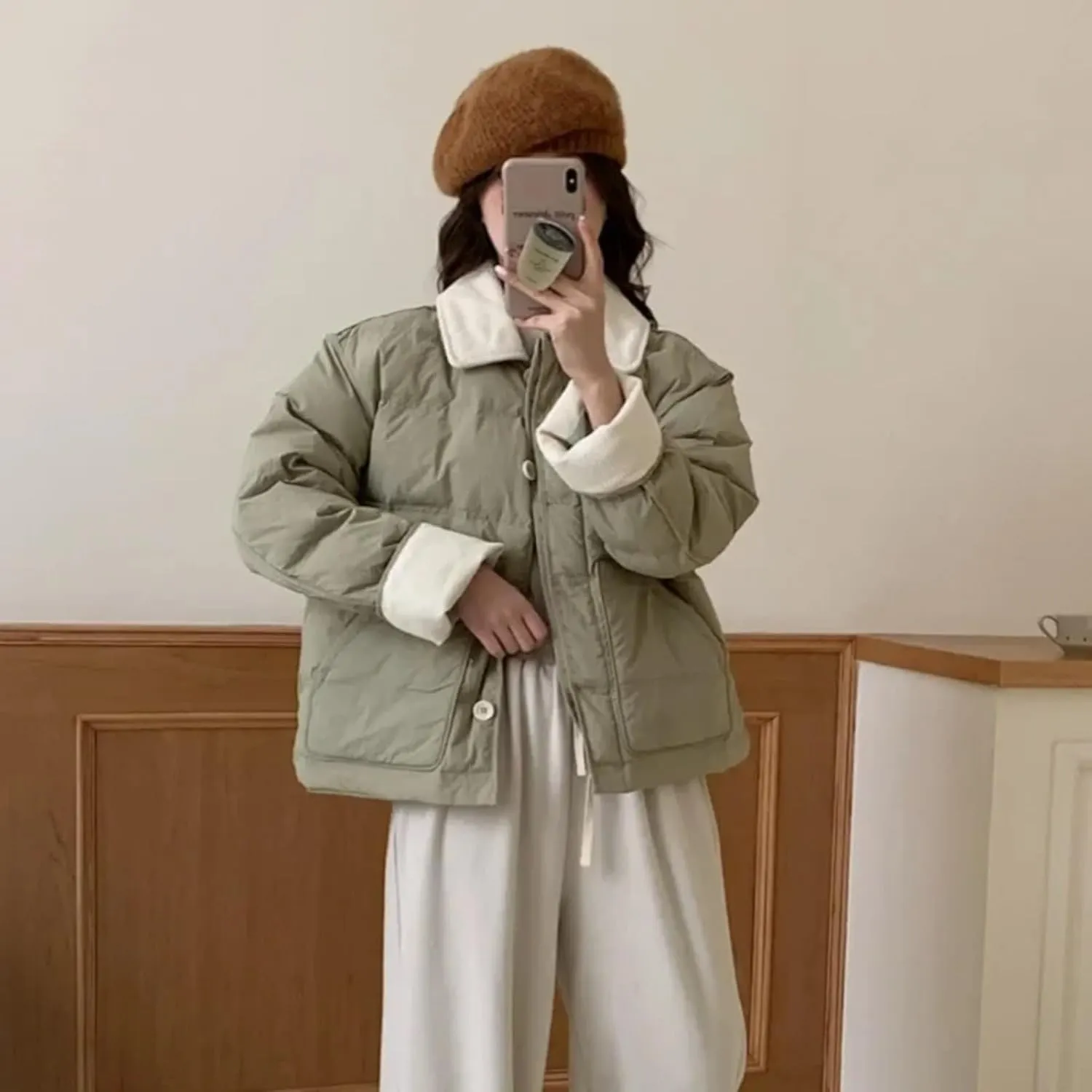 Dawery Patchwork Cropped Jacket Autumn Winter Women Cotton-padded Jacket Lightweight Coat Pocket Long Sleeve Warm Coats