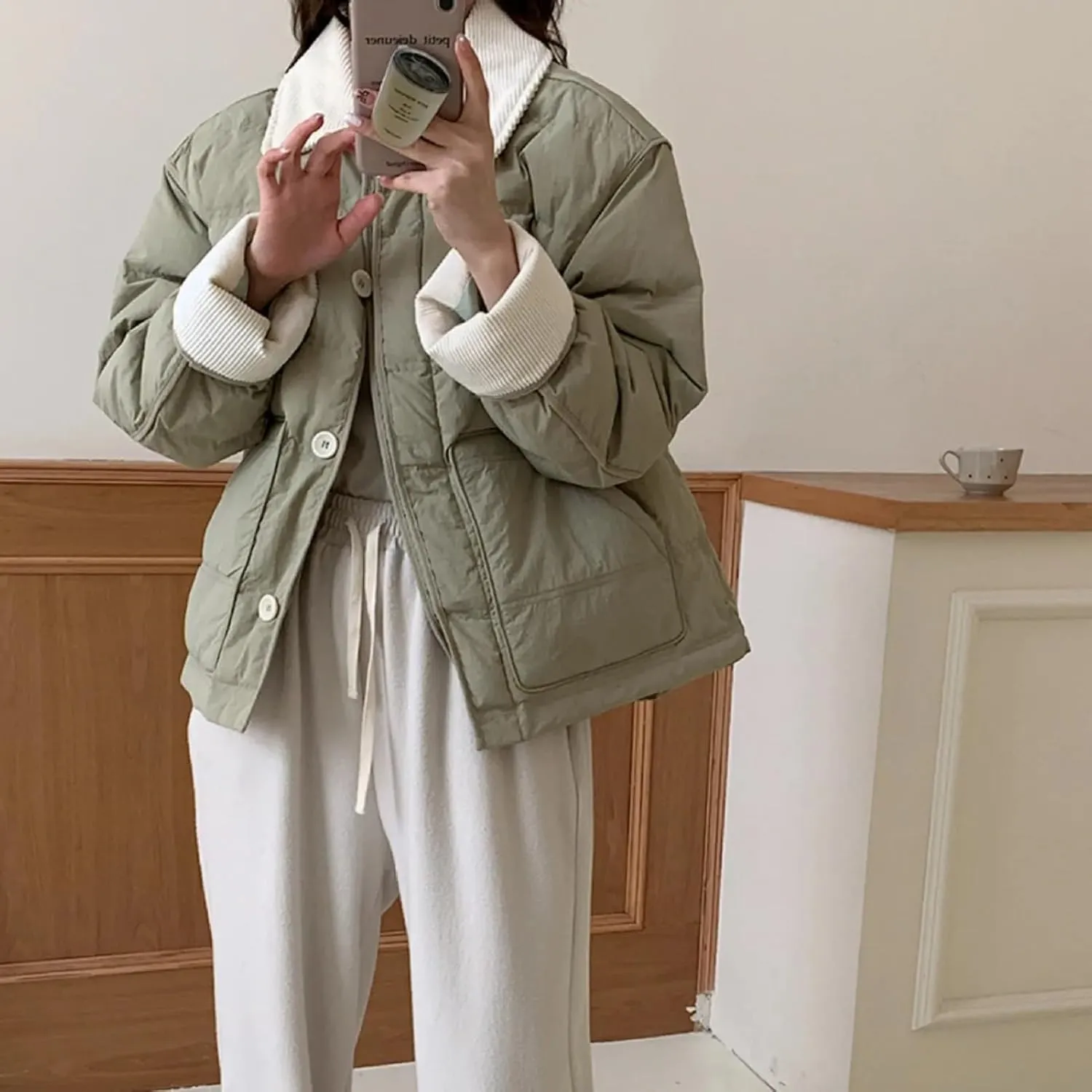 Dawery Patchwork Cropped Jacket Autumn Winter Women Cotton-padded Jacket Lightweight Coat Pocket Long Sleeve Warm Coats
