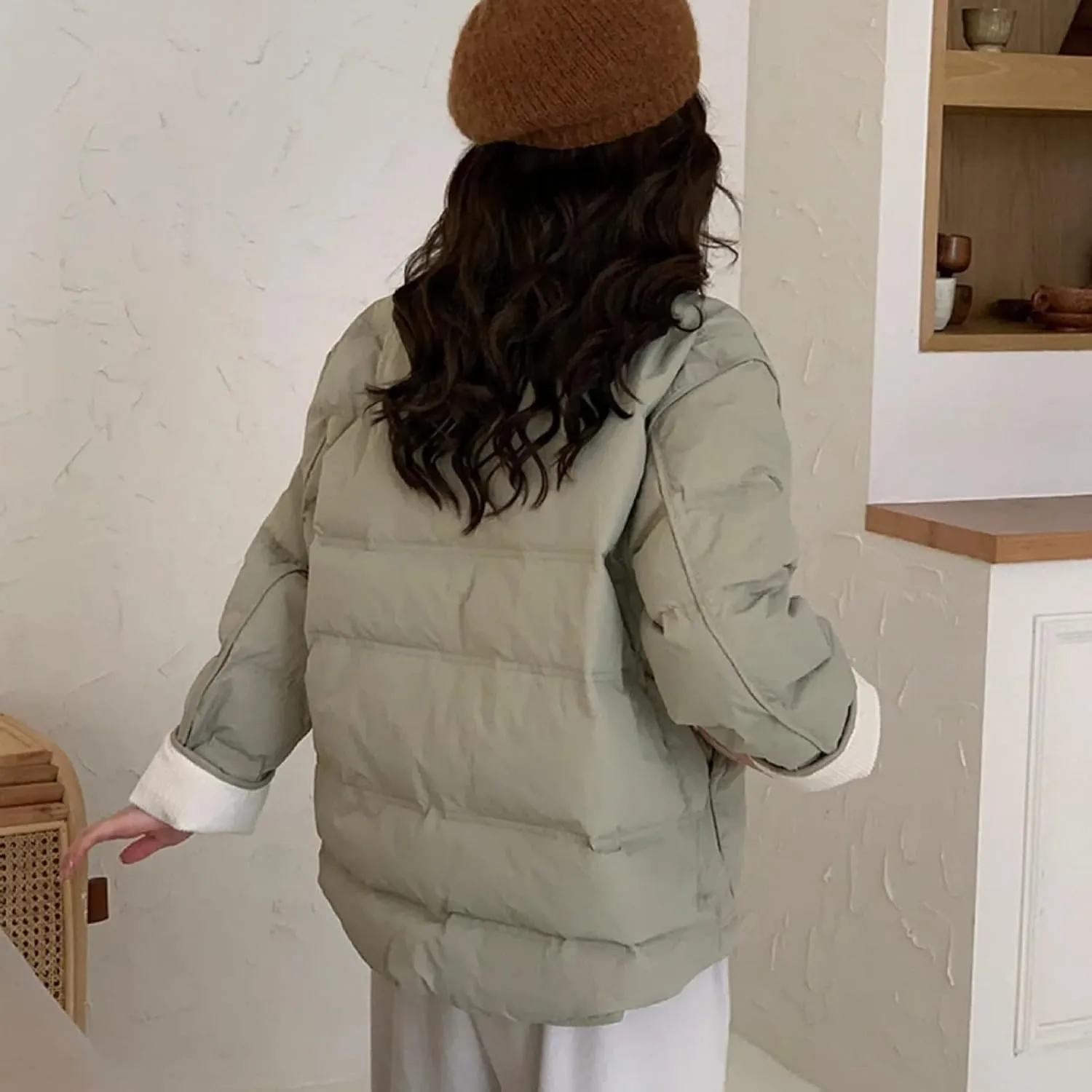 Dawery Patchwork Cropped Jacket Autumn Winter Women Cotton-padded Jacket Lightweight Coat Pocket Long Sleeve Warm Coats