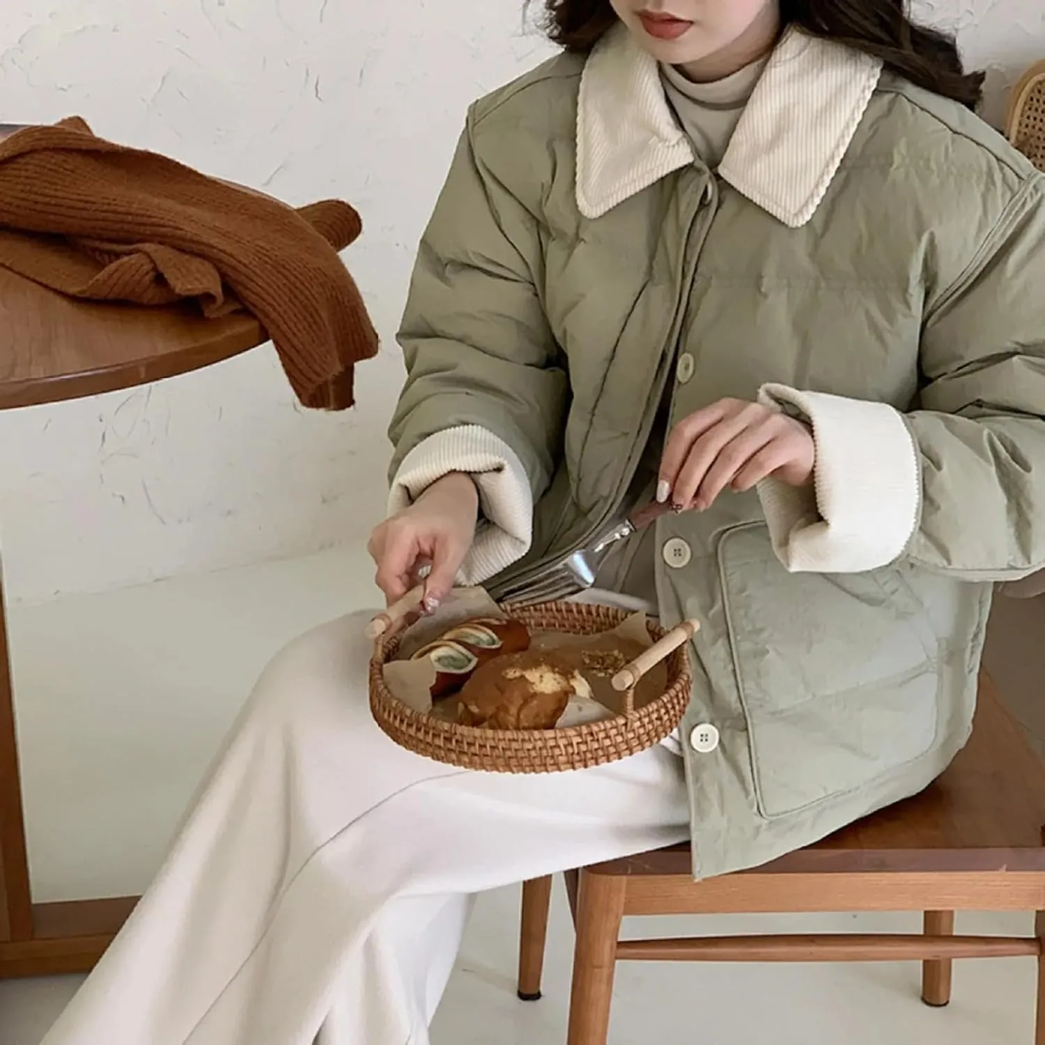 Dawery Patchwork Cropped Jacket Autumn Winter Women Cotton-padded Jacket Lightweight Coat Pocket Long Sleeve Warm Coats
