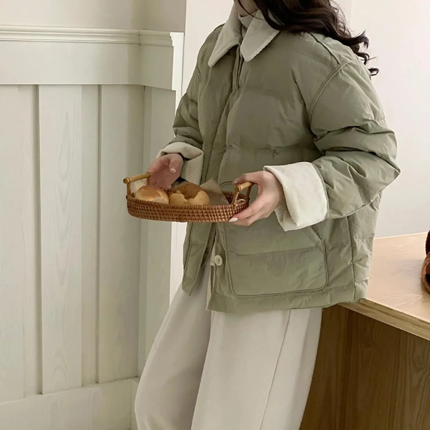 Dawery Patchwork Cropped Jacket Autumn Winter Women Cotton-padded Jacket Lightweight Coat Pocket Long Sleeve Warm Coats