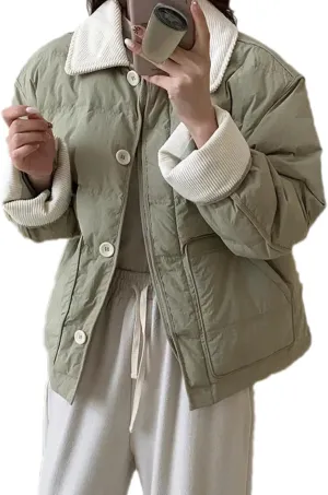 Dawery Patchwork Cropped Jacket Autumn Winter Women Cotton-padded Jacket Lightweight Coat Pocket Long Sleeve Warm Coats