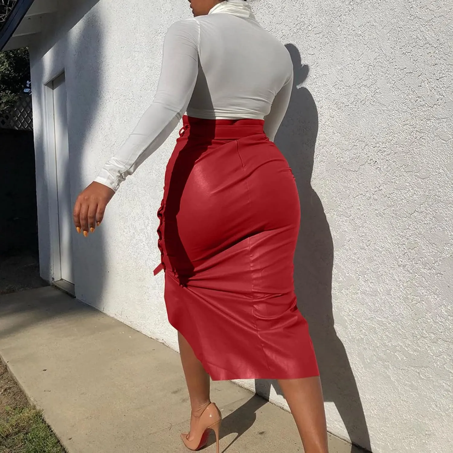 Daysskk Women's Faux Leather Pencil Skirt Asymmetrical Skirt High Waist