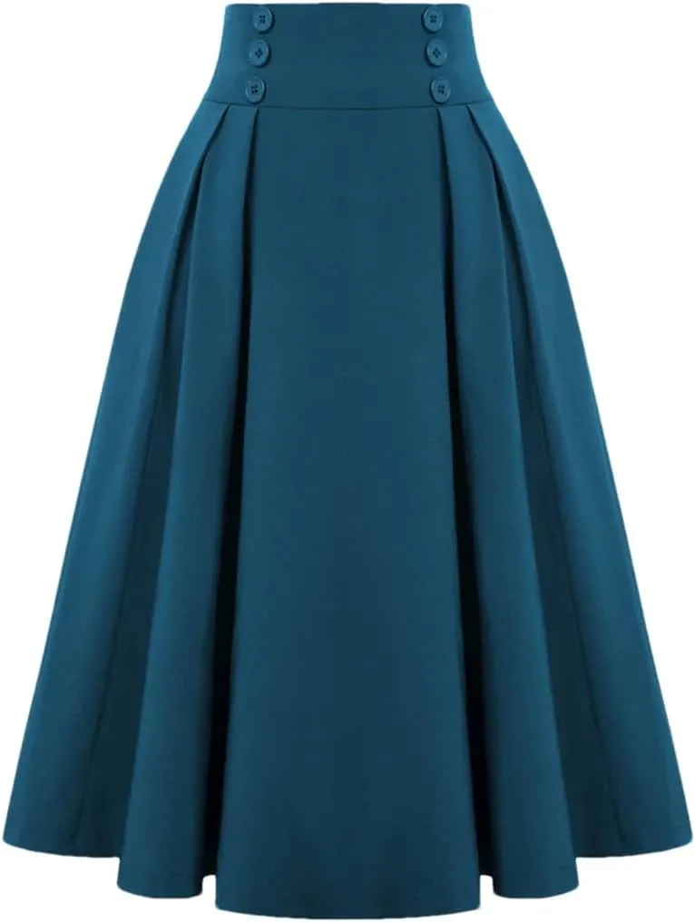 Dbdkejj Women Summer Spring Pleated Skirts for Solid Color High Waist Button Front Midi Maxi Skirt