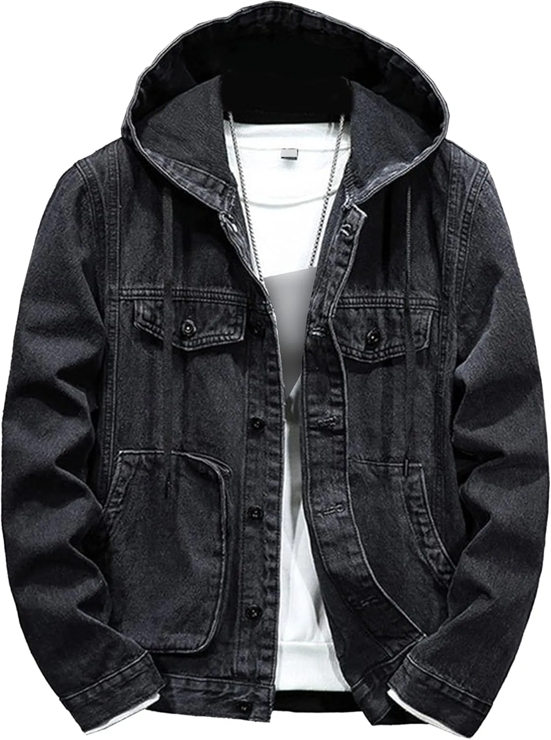 Denim Hoodie Jacket for Men Casual Button Down Jean Coats with Pocket Windproof Distressed Trucker Coat Streetwear
