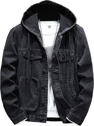 Denim Hoodie Jacket for Men Casual Button Down Jean Coats with Pocket Windproof Distressed Trucker Coat Streetwear