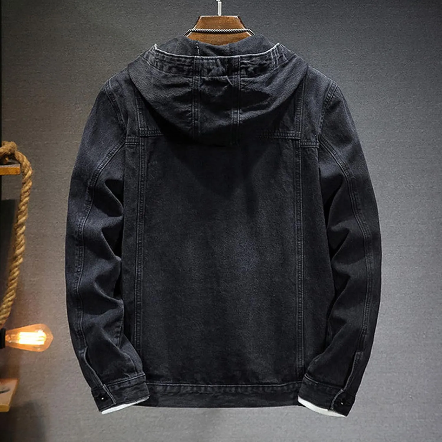Denim Hoodie Jacket for Men Casual Button Down Jean Coats with Pocket Windproof Distressed Trucker Coat Streetwear