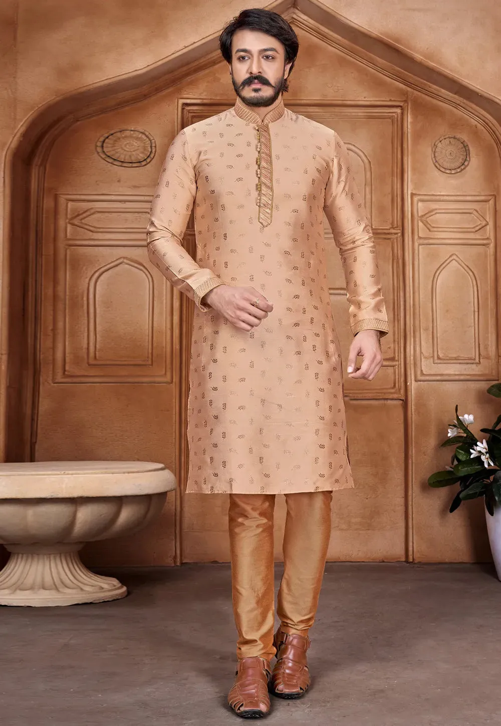 Designed Men's Pure Jacquard Leaf Printed Kurta Pajama Set