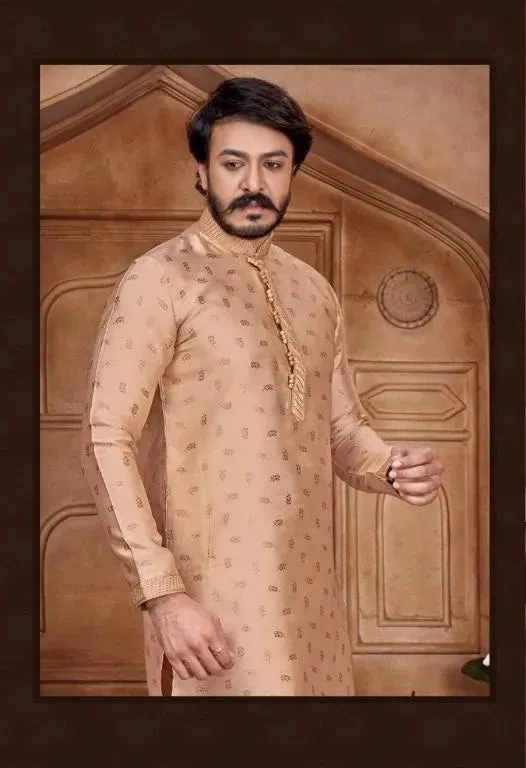 Designed Men's Pure Jacquard Leaf Printed Kurta Pajama Set