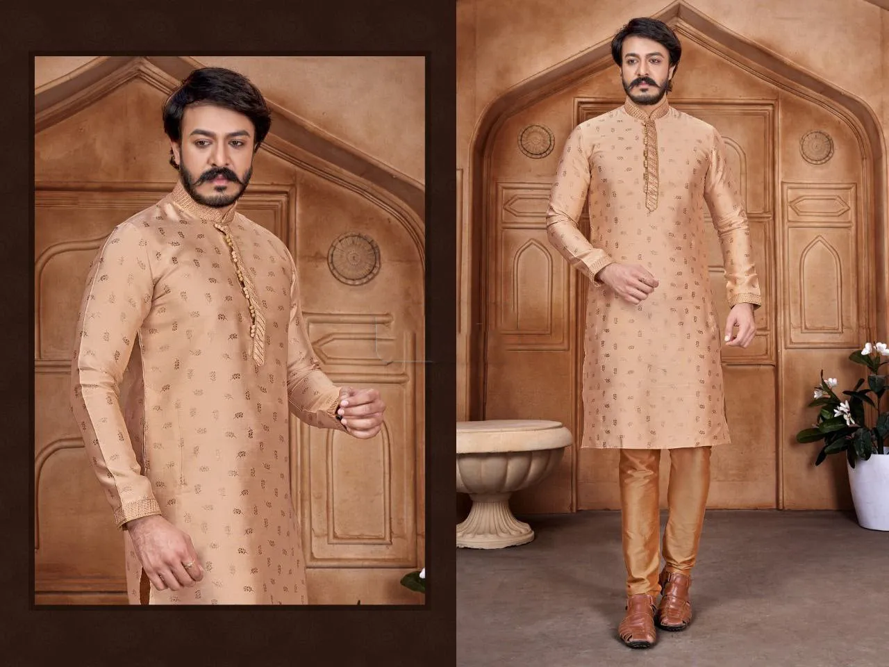 Designed Men's Pure Jacquard Leaf Printed Kurta Pajama Set