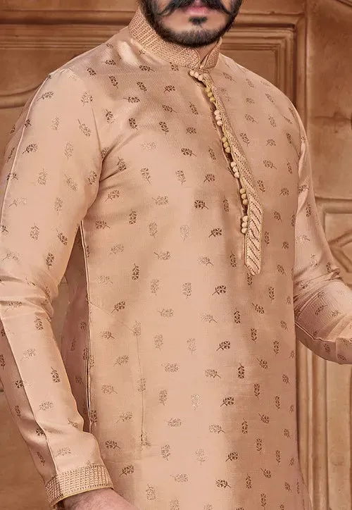 Designed Men's Pure Jacquard Leaf Printed Kurta Pajama Set