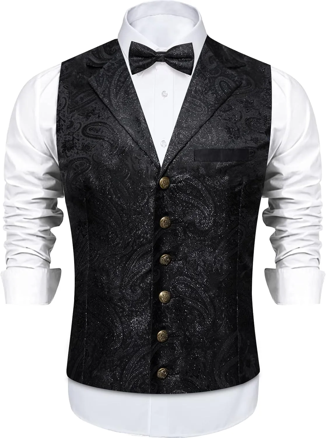 DiBanGu 5pcs Suit Vest for Men Paisley Waistcoat with Bow Tie Lapel Pin Pocket Square Cufflinks Silk Formal Prom Vest Set