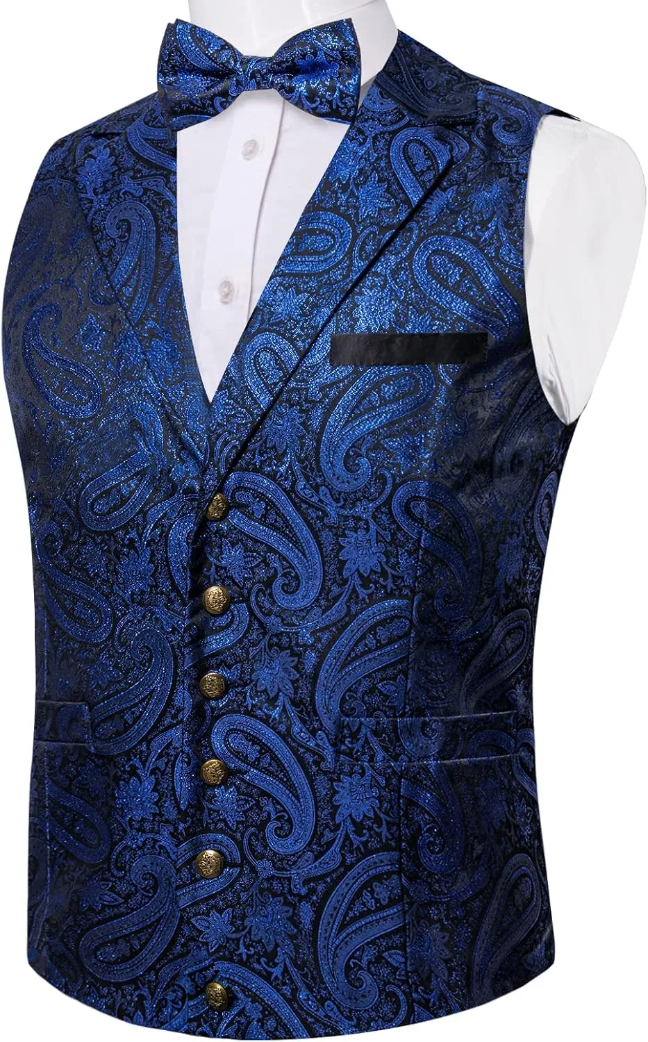 DiBanGu 5pcs Suit Vest for Men Paisley Waistcoat with Bow Tie Lapel Pin Pocket Square Cufflinks Silk Formal Prom Vest Set