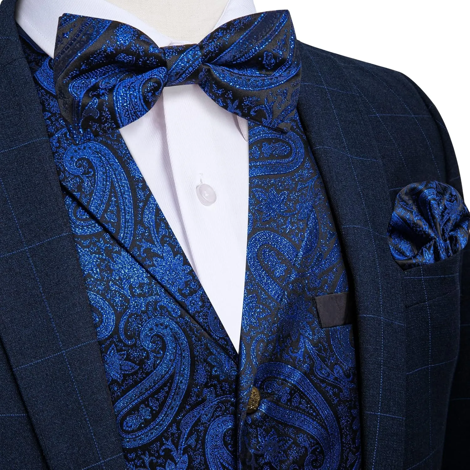DiBanGu 5pcs Suit Vest for Men Paisley Waistcoat with Bow Tie Lapel Pin Pocket Square Cufflinks Silk Formal Prom Vest Set