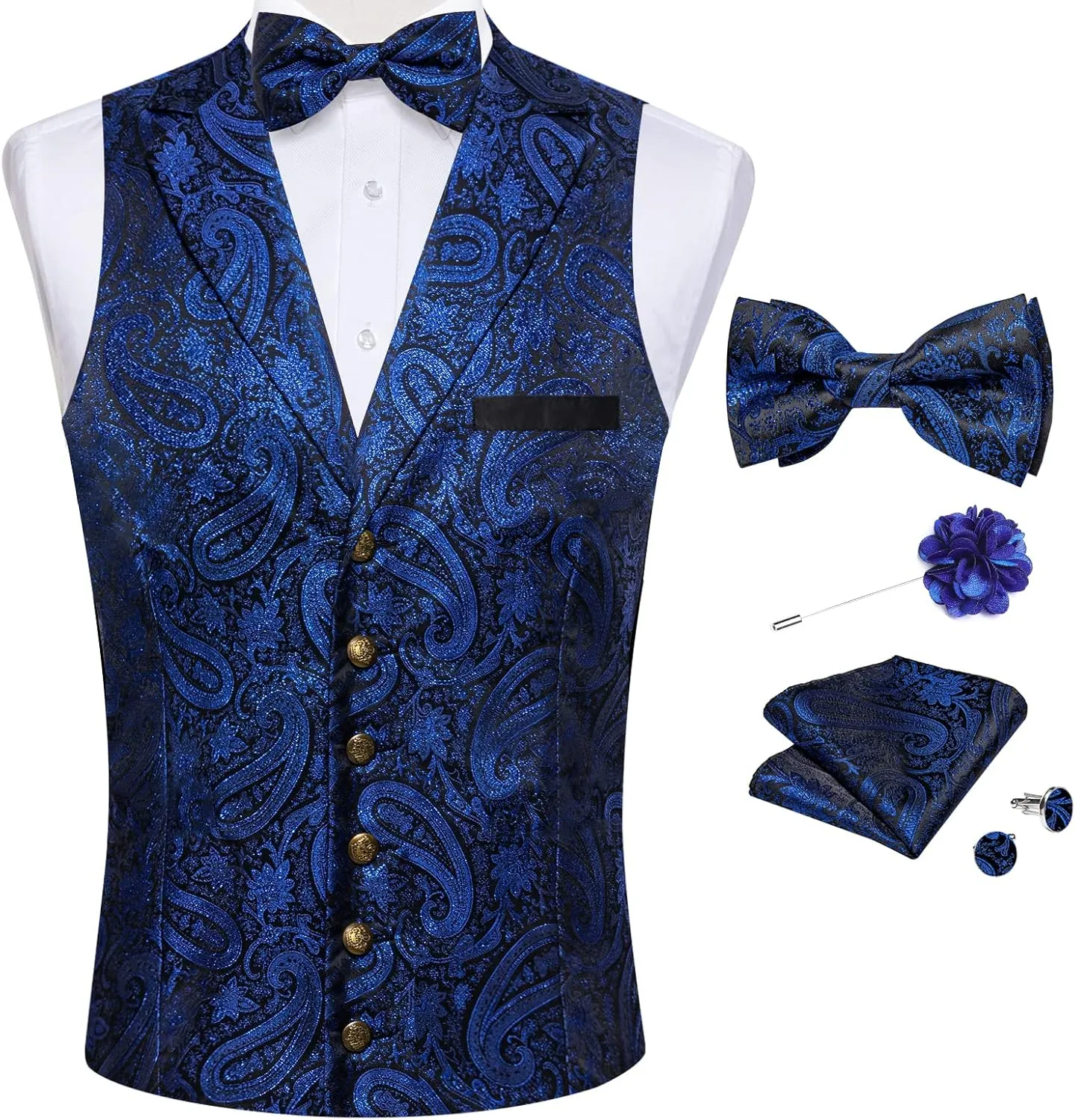 DiBanGu 5pcs Suit Vest for Men Paisley Waistcoat with Bow Tie Lapel Pin Pocket Square Cufflinks Silk Formal Prom Vest Set