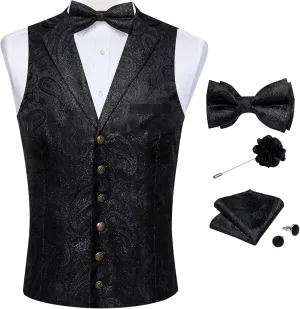DiBanGu 5pcs Suit Vest for Men Paisley Waistcoat with Bow Tie Lapel Pin Pocket Square Cufflinks Silk Formal Prom Vest Set