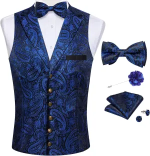 DiBanGu 5pcs Suit Vest for Men Paisley Waistcoat with Bow Tie Lapel Pin Pocket Square Cufflinks Silk Formal Prom Vest Set