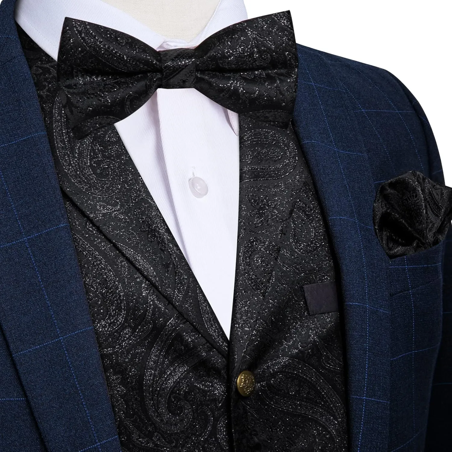 DiBanGu 5pcs Suit Vest for Men Paisley Waistcoat with Bow Tie Lapel Pin Pocket Square Cufflinks Silk Formal Prom Vest Set