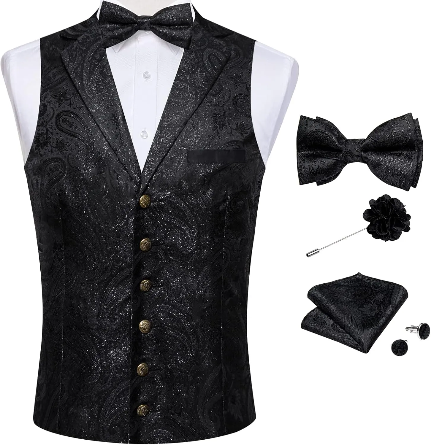 DiBanGu 5pcs Suit Vest for Men Paisley Waistcoat with Bow Tie Lapel Pin Pocket Square Cufflinks Silk Formal Prom Vest Set