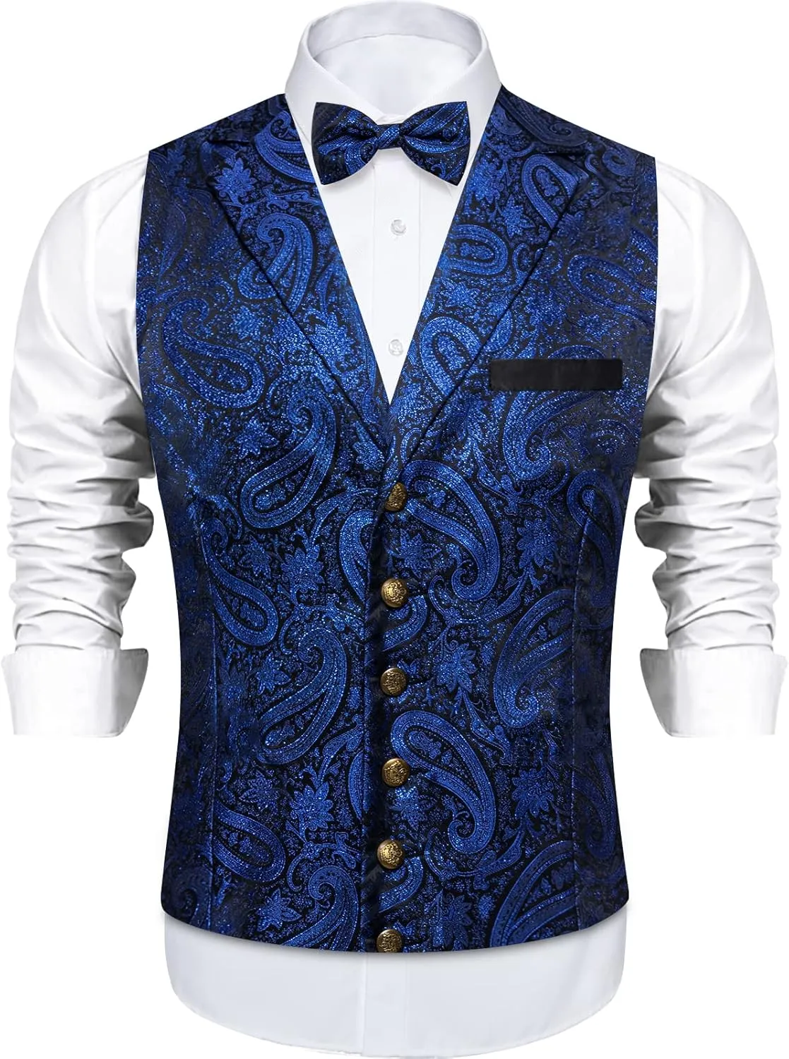 DiBanGu 5pcs Suit Vest for Men Paisley Waistcoat with Bow Tie Lapel Pin Pocket Square Cufflinks Silk Formal Prom Vest Set