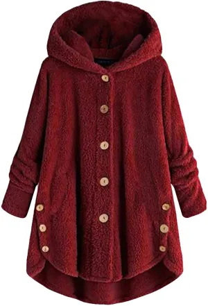 DOLKFU Women's Sherpa Hoodies Coats Button Outwear Jackets Fuzzy Fleece Trench Long Jacket 2022 Fall Winter Cute Hooded