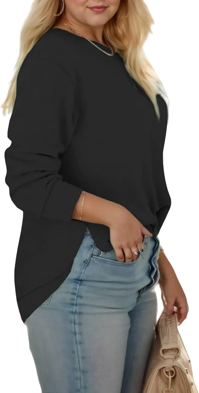 DOLNINE Plus-Size-Sweatshirts for Women Casual Crewneck Shirts Long Sleeve Side Split Tunic Tops Loose Fit Pullover