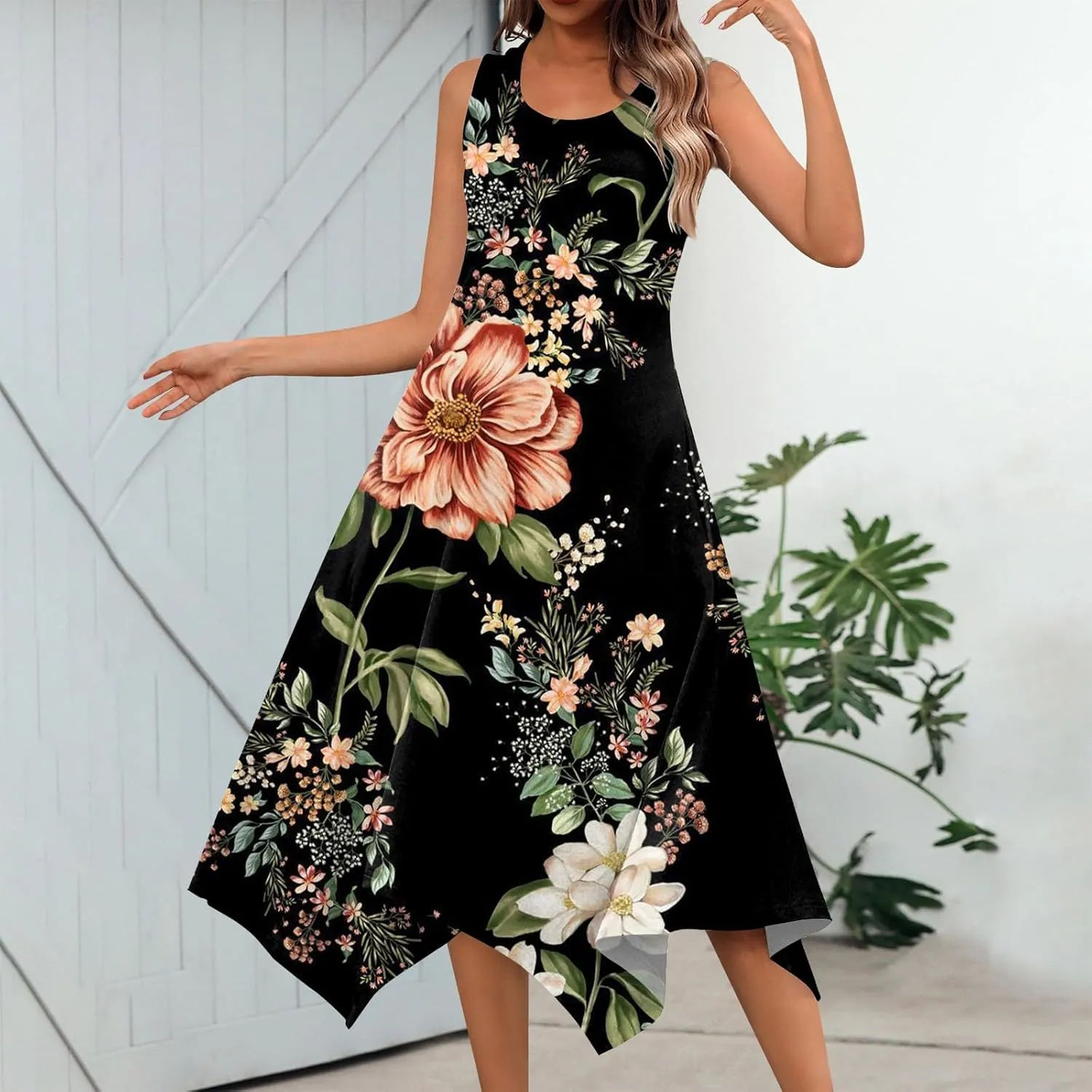 DOPOCQ Summer Dresses for Women 2024 Elegant Print Swing Hem Tank Midi Dresses Casual Plus Size Sleeveless Crewneck Sundress