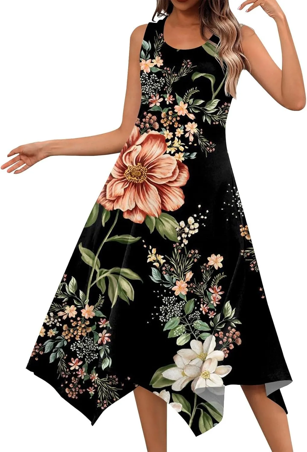DOPOCQ Summer Dresses for Women 2024 Elegant Print Swing Hem Tank Midi Dresses Casual Plus Size Sleeveless Crewneck Sundress