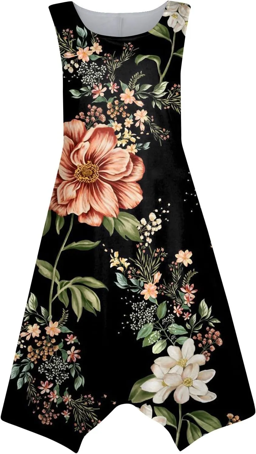 DOPOCQ Summer Dresses for Women 2024 Elegant Print Swing Hem Tank Midi Dresses Casual Plus Size Sleeveless Crewneck Sundress