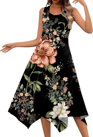 DOPOCQ Summer Dresses for Women 2024 Elegant Print Swing Hem Tank Midi Dresses Casual Plus Size Sleeveless Crewneck Sundress