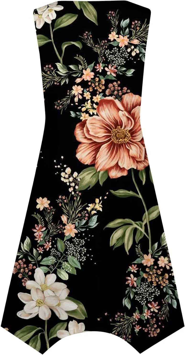 DOPOCQ Summer Dresses for Women 2024 Elegant Print Swing Hem Tank Midi Dresses Casual Plus Size Sleeveless Crewneck Sundress