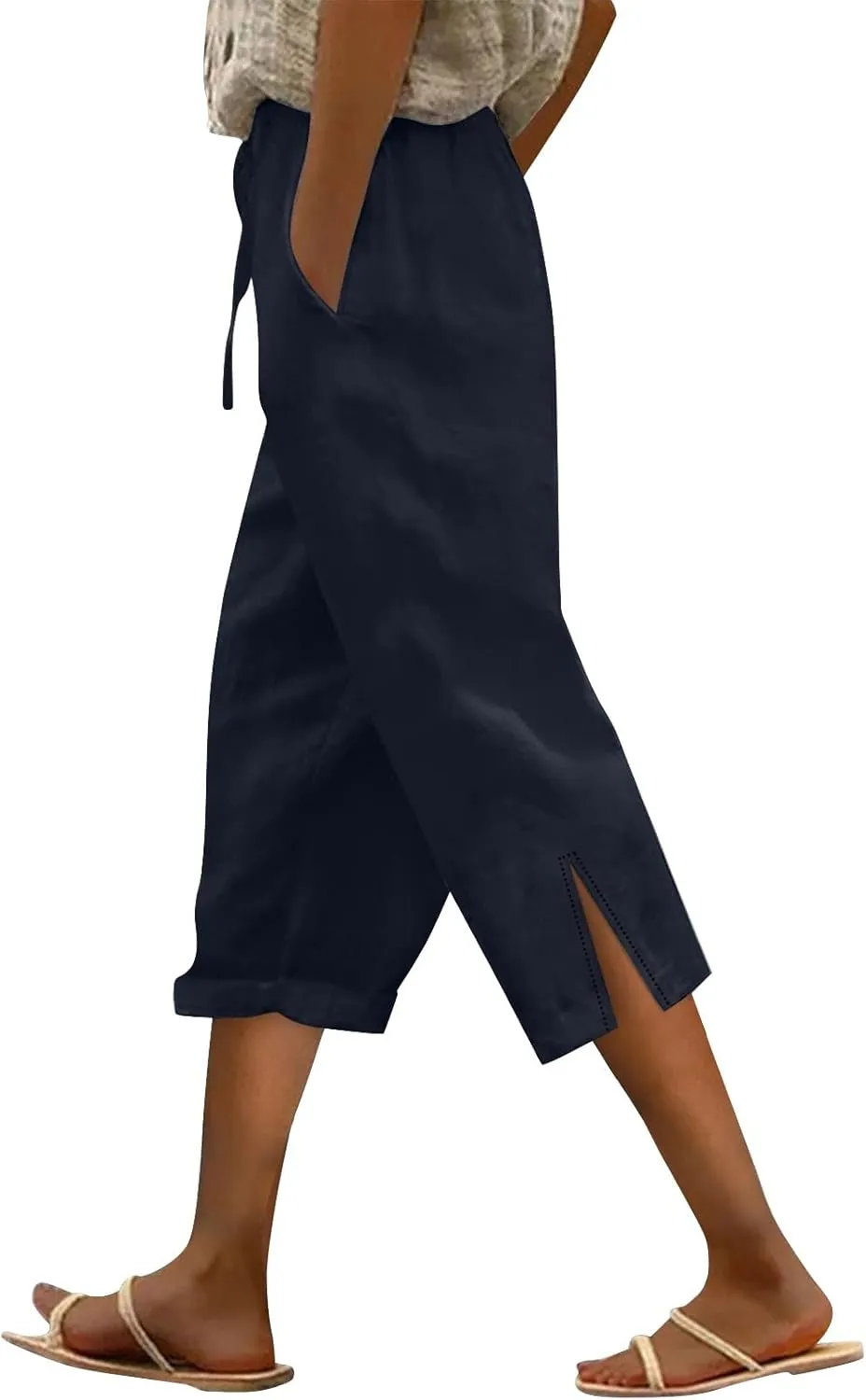 Drawstring Womens Linen Pants with Pockets Cotton Linen Palazzo Trousers for Women Ladies Wide Leg Beach Loose Pants