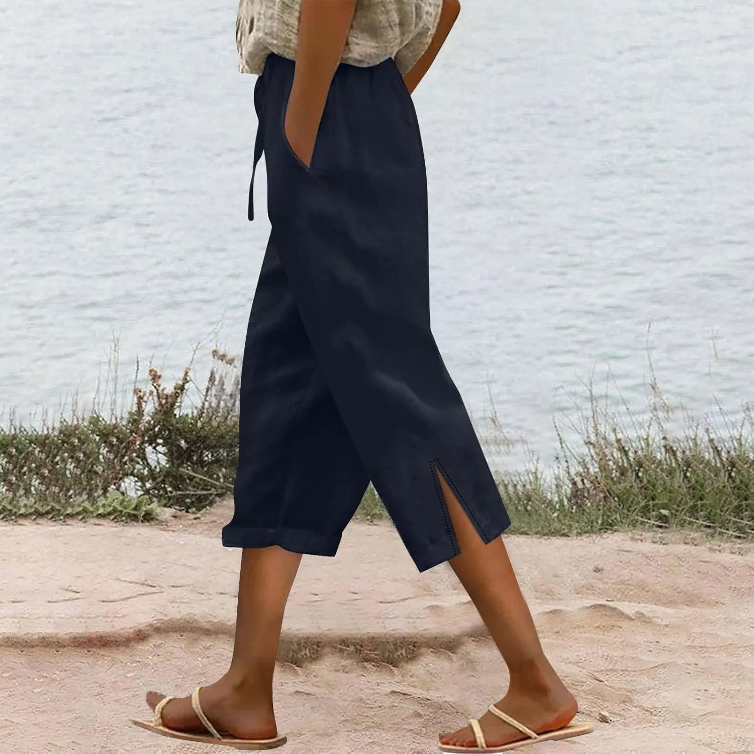 Drawstring Womens Linen Pants with Pockets Cotton Linen Palazzo Trousers for Women Ladies Wide Leg Beach Loose Pants