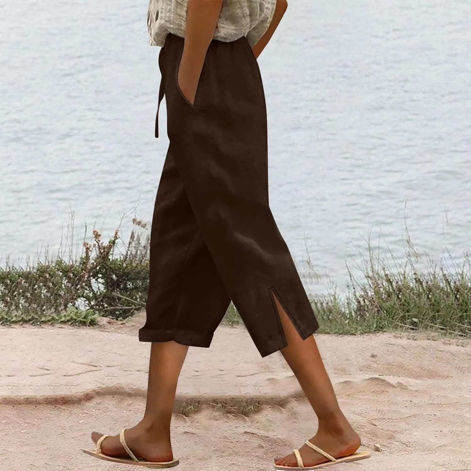 Drawstring Womens Linen Pants with Pockets Cotton Linen Palazzo Trousers for Women Ladies Wide Leg Beach Loose Pants