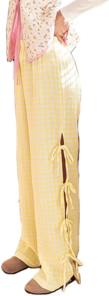 DSORVICD Women Y2k Striped Lounge Pants Casual Drawstring Elastic Waist Wide Leg Pajamas Pants Loose Fit Going Out Trousers