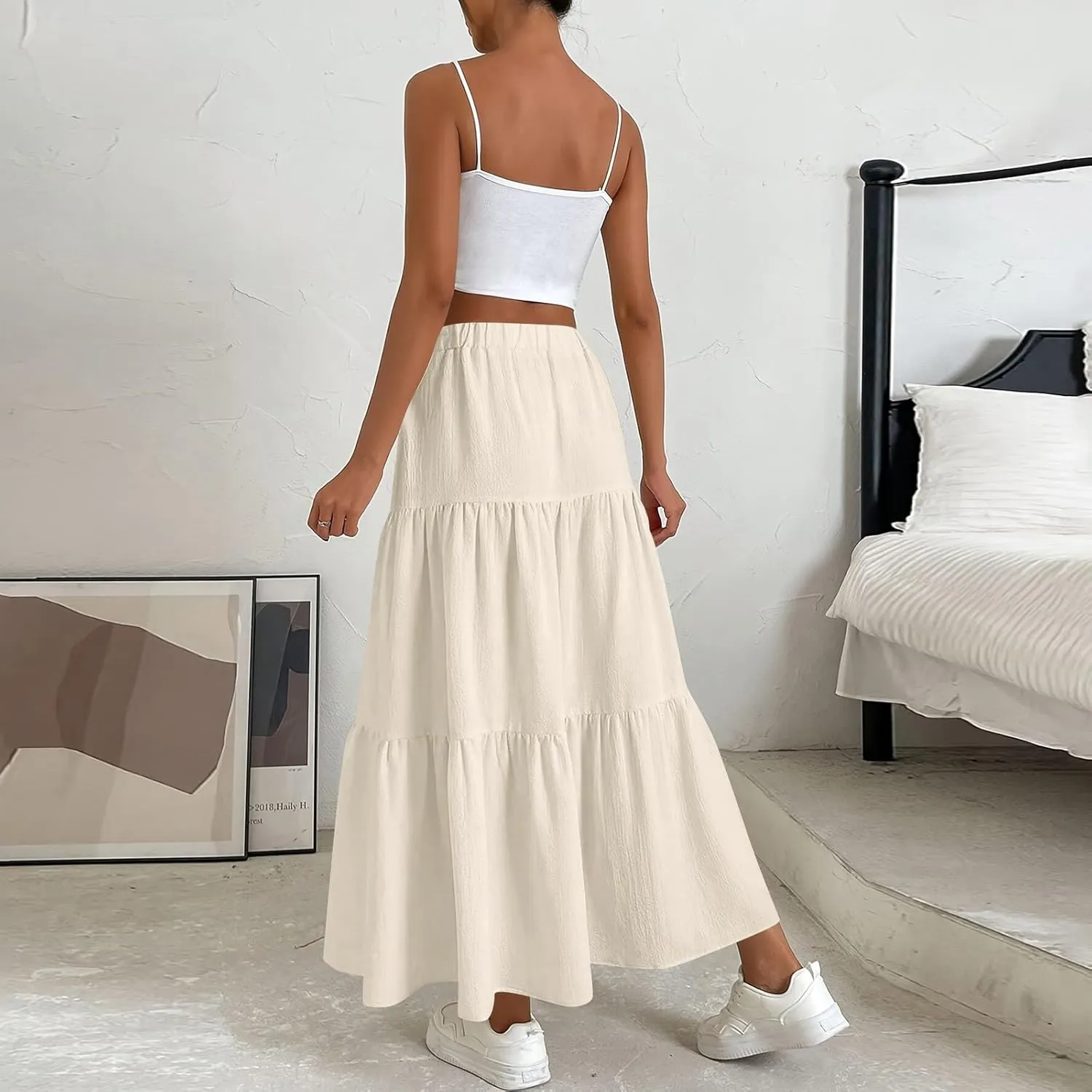 Elastic Waistband Long Beach Skirt Elegant Swinging Layered White Dress Women Beach Fashion for Women Black Skirt
