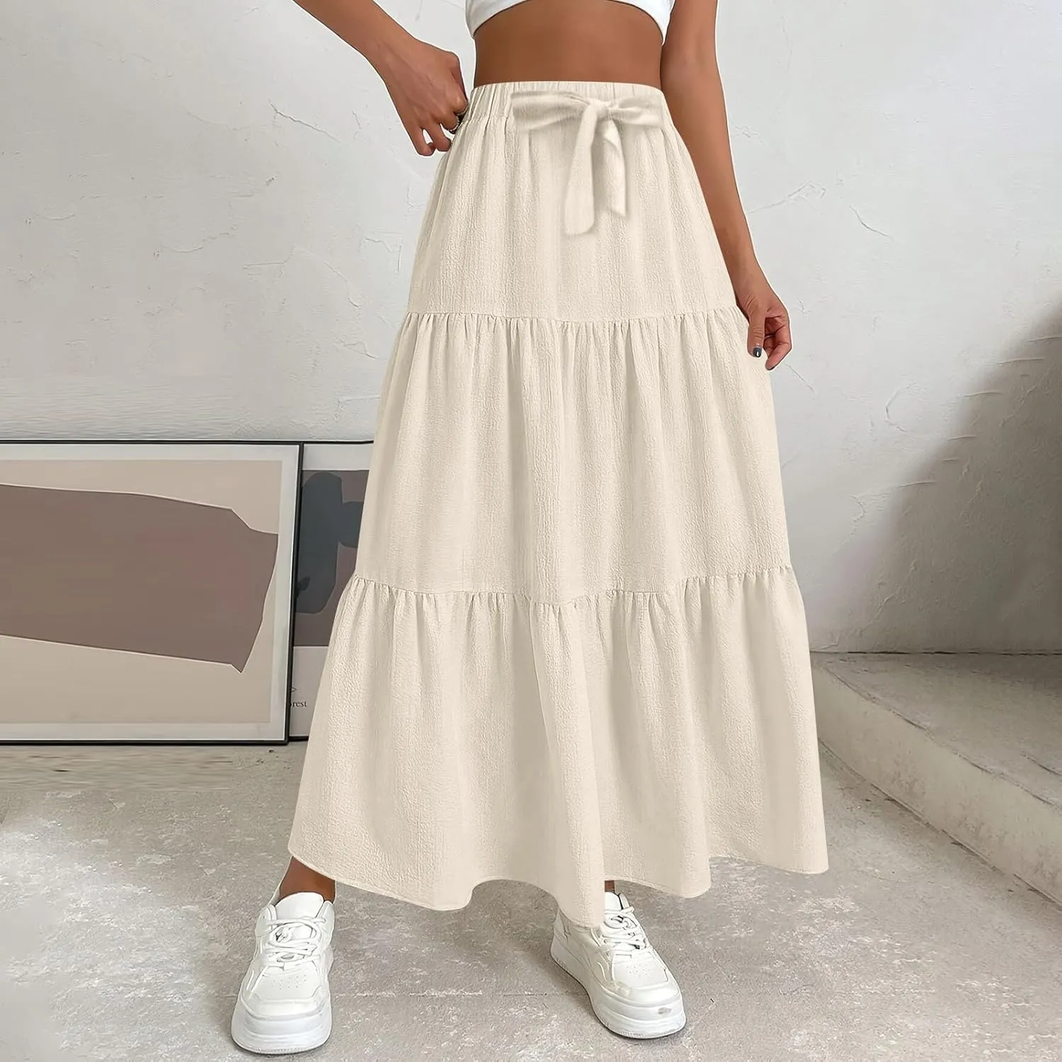 Elastic Waistband Long Beach Skirt Elegant Swinging Layered White Dress Women Beach Fashion for Women Black Skirt