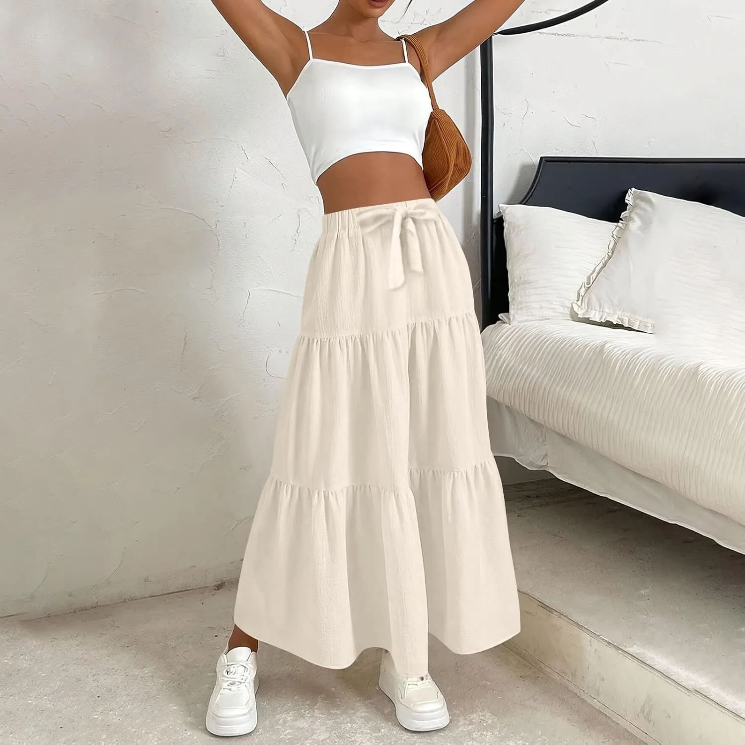 Elastic Waistband Long Beach Skirt Elegant Swinging Layered White Dress Women Beach Fashion for Women Black Skirt