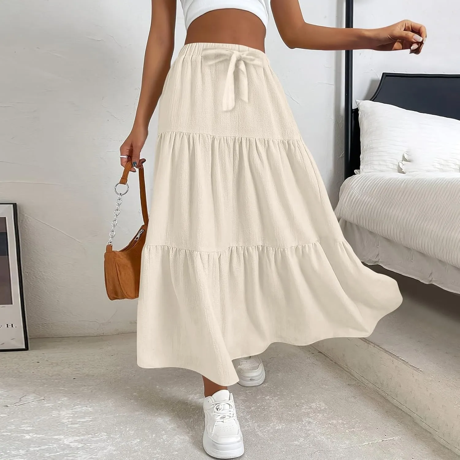 Elastic Waistband Long Beach Skirt Elegant Swinging Layered White Dress Women Beach Fashion for Women Black Skirt
