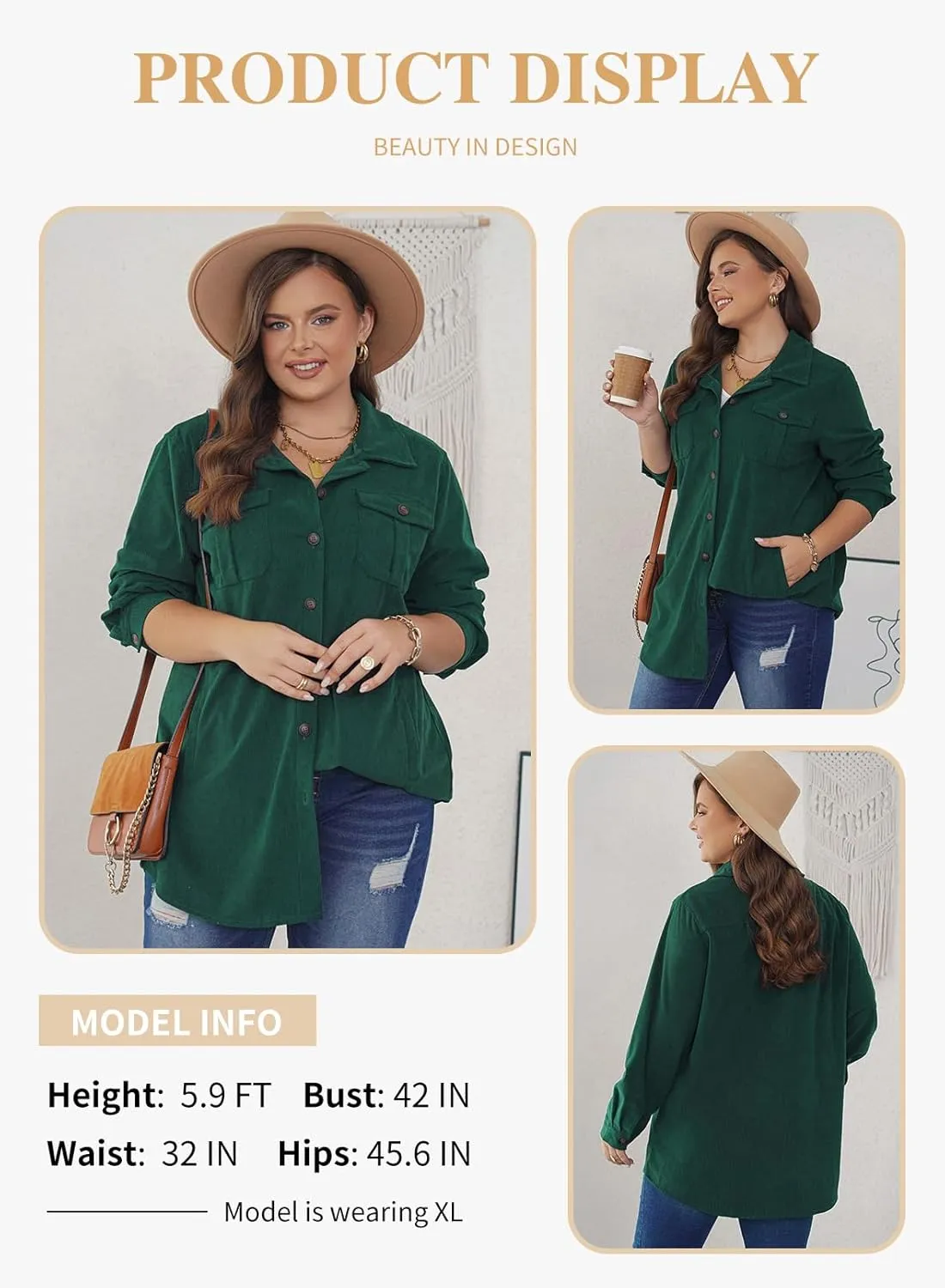 Eytino Womens Plus Size Long Sleeve Button Down Boyfriend Shirts Casual Plaid Shacket Jacket Coats(1X-5X)