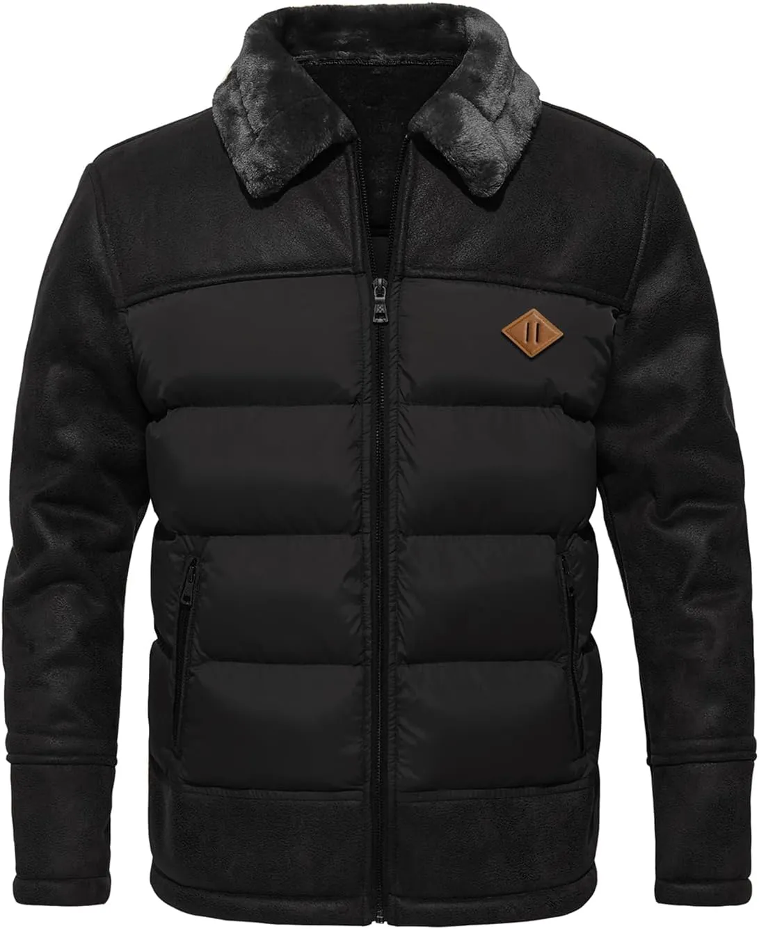 FANARCHER Mens Quilted Jacket Fur Collar Faux Leather Patchwork Bomber Lightweight Outwear with Zipper Pockets