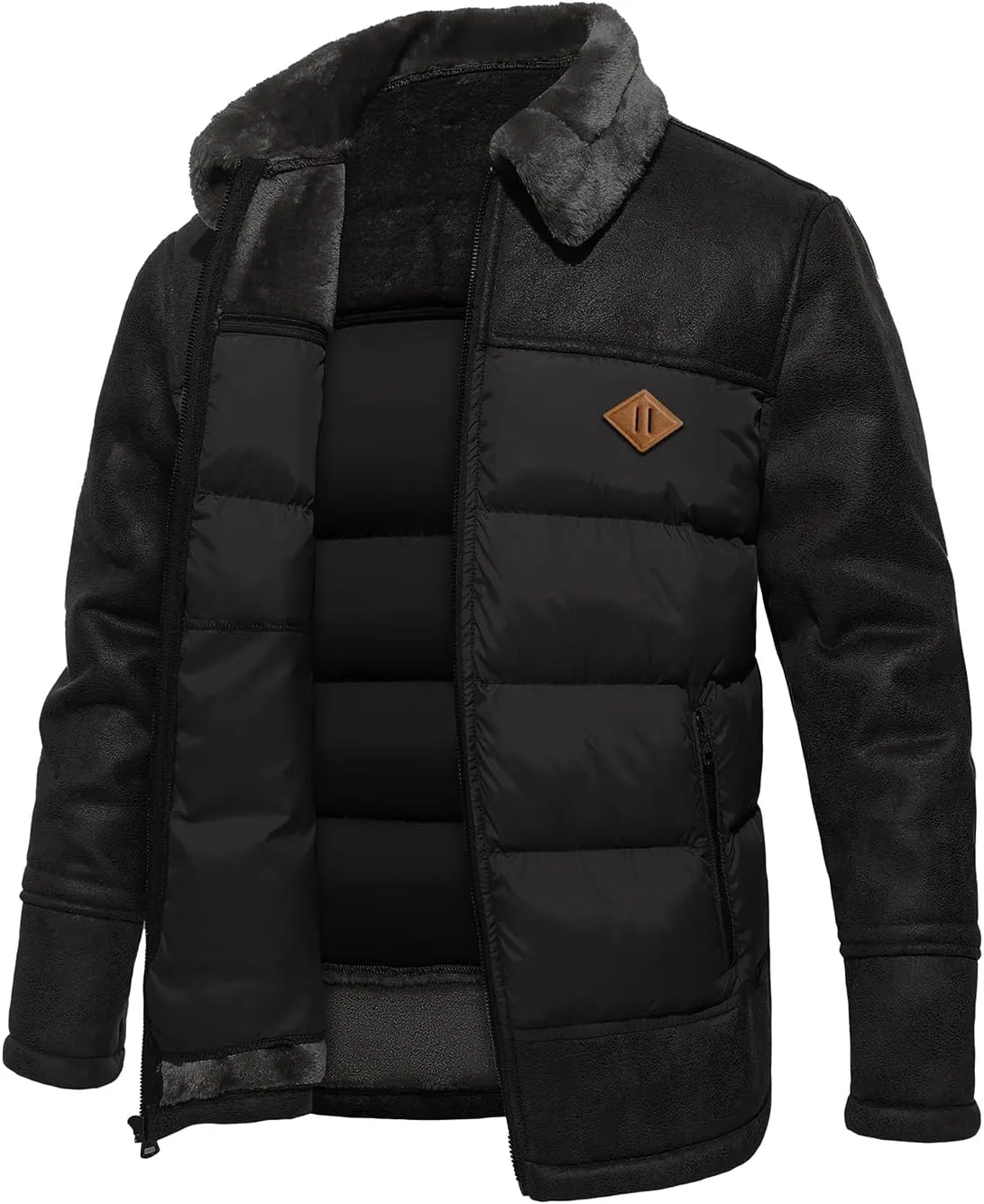 FANARCHER Mens Quilted Jacket Fur Collar Faux Leather Patchwork Bomber Lightweight Outwear with Zipper Pockets