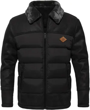FANARCHER Mens Quilted Jacket Fur Collar Faux Leather Patchwork Bomber Lightweight Outwear with Zipper Pockets