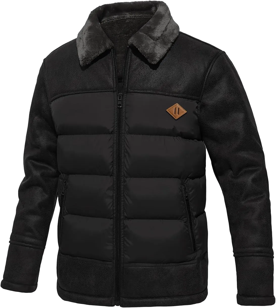 FANARCHER Mens Quilted Jacket Fur Collar Faux Leather Patchwork Bomber Lightweight Outwear with Zipper Pockets