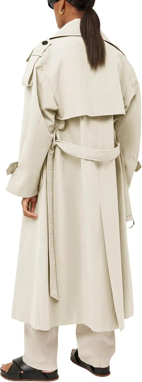 Farktop Womens Oversized Long Trench Coat Double Breasted Lapel Windproof Overcoat with Belt
